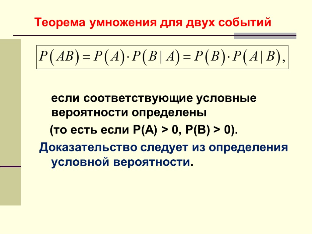 Теорема умножения для двух событий если соответствующие условные вероятности определены (то есть если P(A)